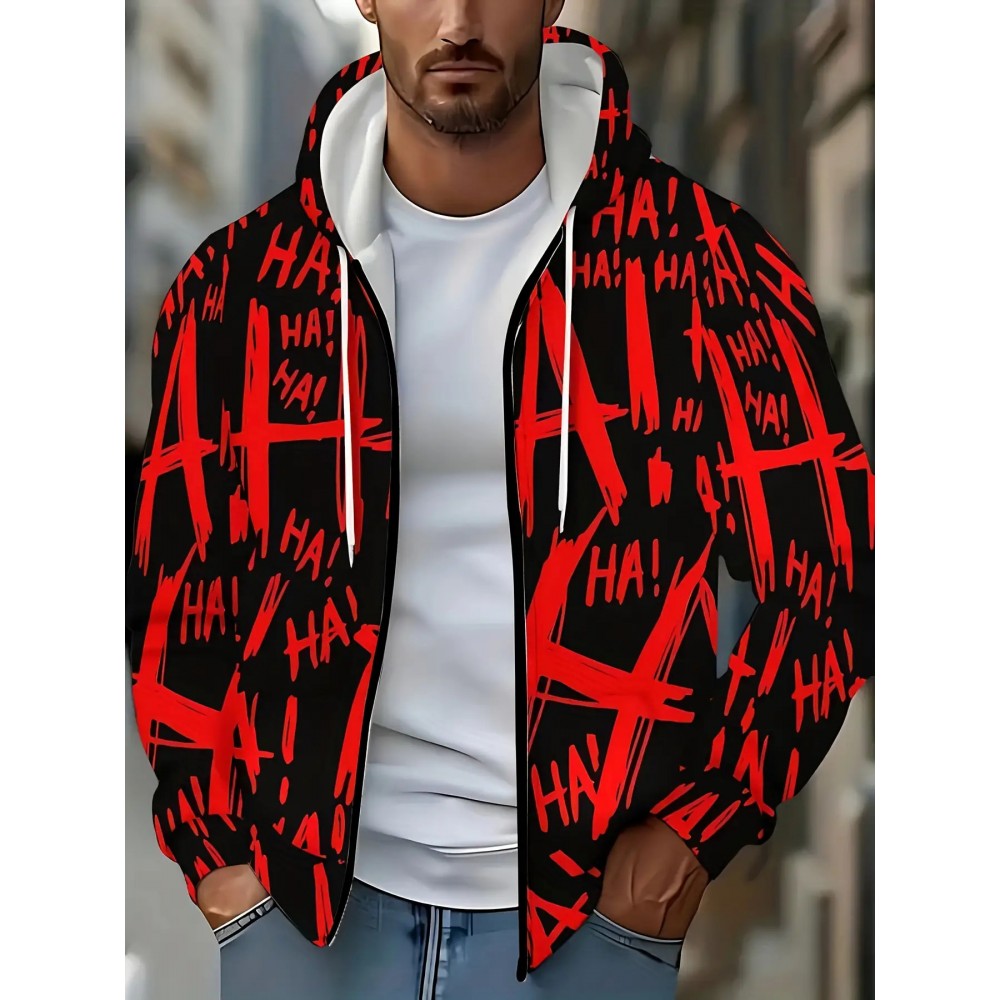Men's Oversized Streetwear Jacket with Full-Body & Lettering Print - Lightweight Zip-Up Hooded Baseball Coat, Long Sleeve Casual Winter Outerwear for Big & Tall, Urban Fashion Essential, Christmas Gift, PLUS SIZE