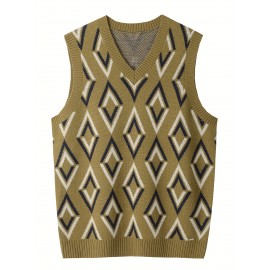 Men's Soft Beige/Brown/Argyle Sweater Vest - Slim Fit V-Neck Pullover, Knit Office & Formal Attire, Autumn/Winter Layering Piece for Business Casual or Casual Attire, Sophisticated Weave, Ribbed Texture, PLUS SIZE