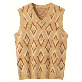 Men's Soft Beige/Brown/Argyle Sweater Vest - Slim Fit V-Neck Pullover, Knit Office & Formal Attire, Autumn/Winter Layering Piece for Business Casual or Casual Attire, Sophisticated Weave, Ribbed Texture, PLUS SIZE