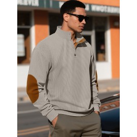 Men'S Corduroy Sweatshirt - Oversized Long Sleeve Pullover with Stand Collar, Green & Brown Striped Casual Sweater, All-Season Comfortable Loose Fit for Outdoor & Casual Attire, Plus Size Available, Easy Care (Ideal for Bowling & Casual Outfits)
