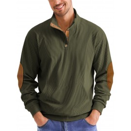 Men'S Corduroy Sweatshirt - Oversized Long Sleeve Pullover with Stand Collar, Green & Brown Striped Casual Sweater, All-Season Comfortable Loose Fit for Outdoor & Casual Attire, Plus Size Available, Easy Care (Ideal for Bowling & Casual Outfits)