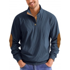 Men'S Corduroy Sweatshirt - Oversized Long Sleeve Pullover with Stand Collar, Green & Brown Striped Casual Sweater, All-Season Comfortable Loose Fit for Outdoor & Casual Attire, Plus Size Available, Easy Care (Ideal for Bowling & Casual Outfits)