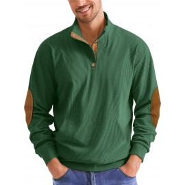 Men'S Corduroy Sweatshirt - Oversized Long Sleeve Pullover with Stand Collar, Green & Brown Striped Casual Sweater, All-Season Comfortable Loose Fit for Outdoor & Casual Attire, Plus Size Available, Easy Care (Ideal for Bowling & Casual Outfits)