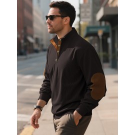 Men'S Corduroy Sweatshirt - Oversized Long Sleeve Pullover with Stand Collar, Green & Brown Striped Casual Sweater, All-Season Comfortable Loose Fit for Outdoor & Casual Attire, Plus Size Available, Easy Care (Ideal for Bowling & Casual Outfits)