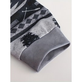 Men'S 3D Digital Print Moose & Reindeer Animal Pattern Hooded Sweatshirt - Winter Warmth Loose Fit Zipper Pullover, Grey & Retro Streetwear with Fur-Like Collar, Casual Long Sleeve Sweater for Autumn and Winter Outdoor Activities, Plus Size