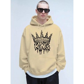 Men'S King Crown Print Hooded Sweatshirt - Royal & Golden Lettering, Winter Knit Fabric with Slight Stretch, Regular Fit Long Sleeve Pullover, Casual American Style Statement Piece for Everyday & Formal Wear - Ideal Gift for Men (KING Lettering Desi