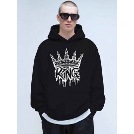 Men'S King Crown Print Hooded Sweatshirt - Royal & Golden Lettering, Winter Knit Fabric with Slight Stretch, Regular Fit Long Sleeve Pullover, Casual American Style Statement Piece for Everyday & Formal Wear - Ideal Gift for Men (KING Lettering Desi