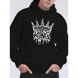 Men'S King Crown Print Hooded Sweatshirt - Royal & Golden Lettering, Winter Knit Fabric with Slight Stretch, Regular Fit Long Sleeve Pullover, Casual American Style Statement Piece for Everyday & Formal Wear - Ideal Gift for Men (KING Lettering Desi
