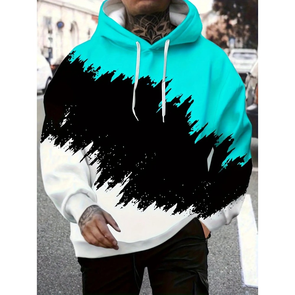 Men'S Casual Hooded Sweatshirt- 3D Color Block Print, Red Black White Abstract Design, Long Sleeve Regular Fit, Knitted Fabric, Front Pocket and Digital Heat Transfer Printing, Suitable for All Seasons Comfortable, Sweatshirt Hoodie, Comfortable Pu, PLUS SIZE
