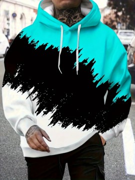 Men'S Casual Hooded Sweatshirt- 3D Color Block Print, Red Black White Abstract Design, Long Sleeve Regular Fit, Knitted Fabric, Front Pocket and Digital Heat Transfer Printing, Suitable for All Seasons Comfortable, Sweatshirt Hoodie, Comfortable Pu, PLUS SIZE