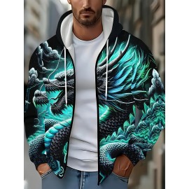 Men's Japanese Dragon Print Hooded Zip-Up Jacket - Turquoise Blue & Black 3D Scale Design, Full-Zip Korean/Kazoku Style Coat, Anime/Manga Inspired Casual Wear, Breathable & Machine Washable, Plus Size Relaxed Fit for Gym, Running, Spring/Fall Outdoor - Japanese Dragon Motif with Full-Length Zipper Closure, No Lining, Standout Statement Piece for Men's Fashion (Casual & Statement Outfit), PLUS SIZE