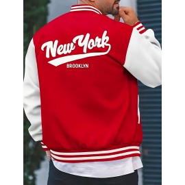 Men's Large Size Vintage New York Lettering & Numbered Baseball Jacket - Two-Tone Button College Style Snapback Coat, Retro Streetwear Outerwear with Pockets (Machine Washable, Spring/Fall Casual Wear) - Christmas Gift for NY Fans, PLUS SIZE