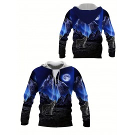 Men's Full-Body Wolf 3D Print Hooded Jacket - Realistic Wolf & Moon Night Sky Design, Knitted Fiber Coat with Zipper Closure, Machine Washable Winter Jacket for Outdoor Wear, Plus Size (Black/Green) - Wolf Howling Print Hoodie, PLUS SIZE