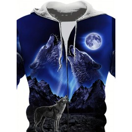 Men's Full-Body Wolf 3D Print Hooded Jacket - Realistic Wolf & Moon Night Sky Design, Knitted Fiber Coat with Zipper Closure, Machine Washable Winter Jacket for Outdoor Wear, Plus Size (Black/Green) - Wolf Howling Print Hoodie, PLUS SIZE