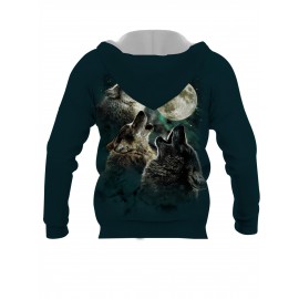 Men's Full-Body Wolf 3D Print Hooded Jacket - Realistic Wolf & Moon Night Sky Design, Knitted Fiber Coat with Zipper Closure, Machine Washable Winter Jacket for Outdoor Wear, Plus Size (Black/Green) - Wolf Howling Print Hoodie, PLUS SIZE