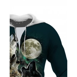 Men's Full-Body Wolf 3D Print Hooded Jacket - Realistic Wolf & Moon Night Sky Design, Knitted Fiber Coat with Zipper Closure, Machine Washable Winter Jacket for Outdoor Wear, Plus Size (Black/Green) - Wolf Howling Print Hoodie, PLUS SIZE