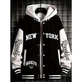 Men's Large Plus Size New York Logo Baseball Uniform Jacket - Winter Outdoor Casual Snap Button Closure Coat with Letter 'NY' Emblem, Machine Washable Polyester, Christmas Gift for Fans, PLUS SIZE