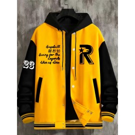 Men's Large Size Baseball Jacket with Letter 'M' Print (for Miami/other letters) - Buttonless Snap Closure, Machine-Washable Polyester Coat, Pockets - Casual Winter Outerwear for Big & Tall, Christmas Gift (No hat Included), PLUS SIZE