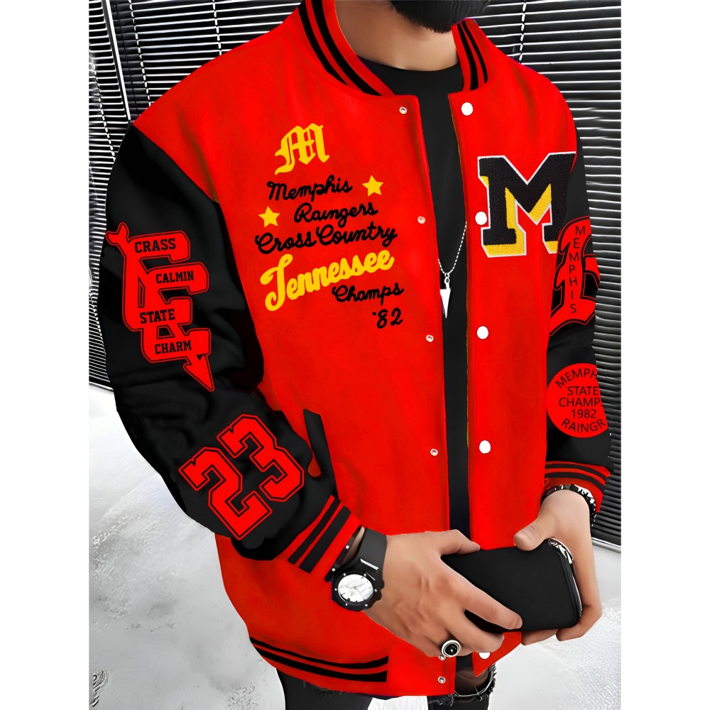 Men'S Plus Size Baseball Jacket | Los Angeles Style, Letter and Number 23 Print, Wrinkle Resistant, Casual Sports, Perfect for Parties, Autumn and Winter