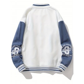 Men'S Large Size Casual Baseball Jacket with Letter Print & Team Spirit Design - Warm Outerwear, Snap Closure & Functional Pockets, Spring/Fall Outdoor Sports Apparel, Christmas Gift for Men (No Hat Included) - Trendy Casual Style for Casual Attire