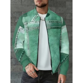 Men'S Oversized 3D Faux Denim Jacket with Full-Zip Closure, Stand Collar & Practical Pockets - Machine Washable Casual Bomber Coat for Autumn/Winter, Plus Size
