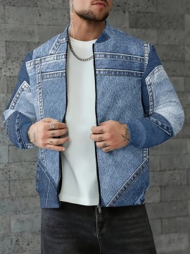 Men'S Oversized 3D Faux Denim Jacket with Full-Zip Closure, Stand Collar & Practical Pockets - Machine Washable Casual Bomber Coat for Autumn/Winter, Plus Size