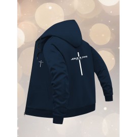 Men's Oversized Hooded Jacket with Jesus Is King Graphic Print - Navy Blue Heavyweight Polyester Coat, Full-Zip Casual Streetwear for All Seasons, Machine Washable Christian Faith Statement Apparel, PLUS SIZE