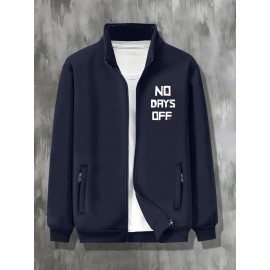 Plus Size NO DAYS OFF College Style Comfy Stand Collar Jacket - Slightly Stretch Stylish Zip Up For Autumn & Winter