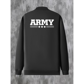 Men'S Plus Size Casual Army Print Varsity Jacket with Pockets, Baseball Collar, Zipper Closure, Knit Polyester Fabric, Slight Stretch, Regular Fit - 95% Polyester, 5% Elastane