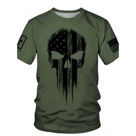 Men's Patriotic 3D Skull Print T-Shirt, Oversized Royal Blue Casual Summer Top with American Flag Design, Crew Neck Short Sleeve- Ideal Valentine's Day Gift for Boyfriend, Skull American Flag Clothing, Large Size, PLUS SIZE