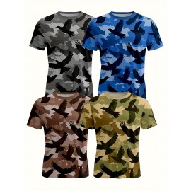 4pcs Men'S Camo Tactical T-Shirts - Breathable Polyester, Crew Neck, Short Sleeve, Casual Sports Knit Fabric, Slight Stretch, Regular Fit for Spring/Summer Outdoor Activities, PLUS SIZE
