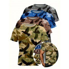 4pcs Men's Camouflage Tactical T-Shirts - Breathable Polyester Camo Tees with Multi-Color (Green/Brown/Black/Blue) Camo Prints, Crew Neck Short Sleeve Shirts for Hunting, Outdoor Activities, Casual & Formal Events - All-Season Layering Essential for Men - Ideal for,, Camping, Casual Attire - Machine Washable & Durable Construction, PLUS SIZE