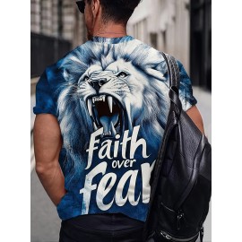Men's Lion Face T-Shirt with Lion & 'Faith Over Fear' Slogan Print - Oversized Streetwear Tee, Plus Size Casual & Party Outfit, Comfortable Short Sleeve Shirt, Machine Washable White & Blue Lion Design, PLUS SIZE, Mens Trendy Shirts, Tshirt For Men, Mens Tshirt, T Shirt For Men Plus Size, Oversized T Shirt Men, Plus Size Mens T Shirt, Shirts For Men Plus Size, Plus Size Mens Clothing, Plus Size Men Clothing, Mens Shirts, Mens Tshirts, Mens Plus Size Shirt, Fathers Day Gift,