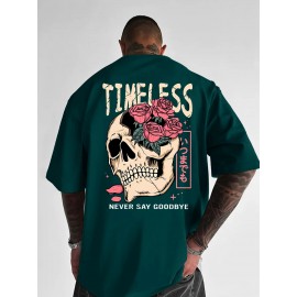 Men's Gothic Skull & Rose T-Shirt with Back Print - Oversized Streetwear Fit, Bold 