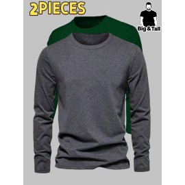 2pcs Men's Heavyweight 95% Polyester/5% Spandex Oversized Long Sleeve T-Shirt Set - Soft Stretch Round Neck Casual Layering Shirts in Green & Grey, Solid Color Winter Warmth, Comfortable Casual Attire, Plus Size Available (Machine Washable) - Ideal for Fall & Winter Layering Essentials (Casual & Formal Outfits) - Versatile Matching Outfits for Men, Relaxed Fit, Durable & Easy Care, Long Sleeve T Shirts for Men, Mens Plus Size T Shirt, Printed T Shirts for Men, PLUS SIZE