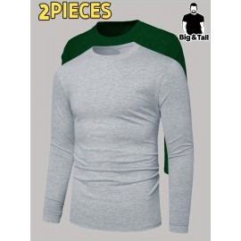 2pcs Men's Heavyweight 95% Polyester/5% Spandex Oversized Long Sleeve T-Shirt Set - Soft Stretch Round Neck Casual Layering Shirts in Green & Grey, Solid Color Winter Warmth, Comfortable Casual Attire, Plus Size Available (Machine Washable) - Ideal for Fall & Winter Layering Essentials (Casual & Formal Outfits) - Versatile Matching Outfits for Men, Relaxed Fit, Durable & Easy Care, Long Sleeve T Shirts for Men, Mens Plus Size T Shirt, Printed T Shirts for Men, PLUS SIZE