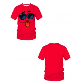 Men'S Big & Tall T-Shirt - Red Casual Everyday Shirt with Funny Face Graphic, Soft Polyester Blend Fabric - Machine Washable Plus Size Tee for Everyday & Party Wear - Non-Linen Texture Casual Top, Spring Autumn Apparel, Playful Graphic Shirt, Comfortable Fit Shirt, PLUS SIZE