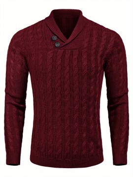 Men'S Shawl Collar Pullover Sweater Slim Fit Casual Button Cable Knit Sweaters, Plus Size
