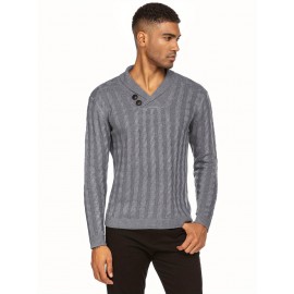 Men'S Shawl Collar Pullover Sweater Slim Fit Casual Button Cable Knit Sweaters, Plus Size