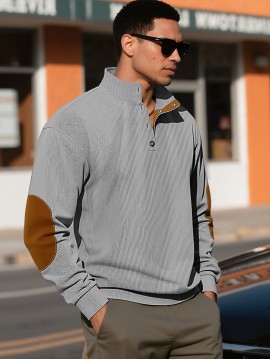 Men'S Corduroy Sweatshirt - Oversized Long Sleeve Pullover with Stand Collar, Green & Brown Striped Casual Sweater, All-Season Comfortable Loose Fit for Outdoor & Casual Attire, Plus Size Available, Easy Care (Ideal for Bowling & Casual Outfits)