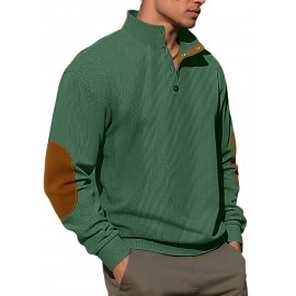 Men'S Corduroy Sweatshirt - Oversized Long Sleeve Pullover with Stand Collar, Green & Brown Striped Casual Sweater, All-Season Comfortable Loose Fit for Outdoor & Casual Attire, Plus Size Available, Easy Care (Ideal for Bowling & Casual Outfits)