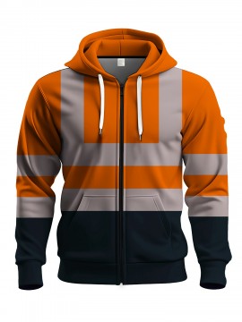 Men's Neon Green/Orange/Gray Full-Zip Hooded Jacket - Heavy-Duty Zipper Closure, Loose-Fit Casual Coat for Gym, Hiking & Urban Streetwear - Machine Washable Spring/Fall Outerwear with Hood (Neck Collar) - -First Color Block Design, PLUS SIZE