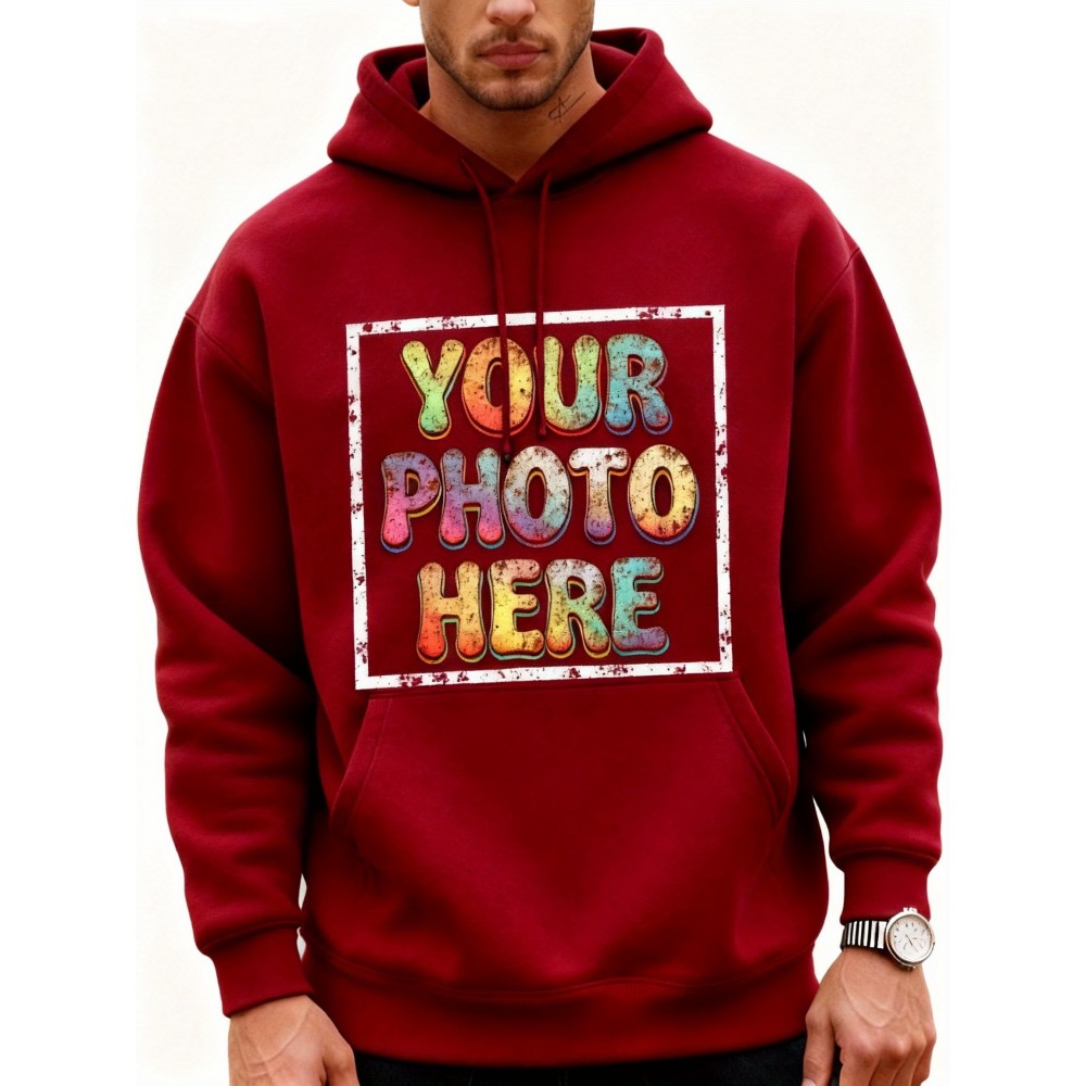 Customizable Men'S Hoodie - Personalized Front & Back Printing with Your Photo/Text/Logo - Soft Pullover Sweatshirt, Loose Fit Hooded Sweatshirt with Pockets, Durable Fabric for Corporate Branding, Birthday Gifts & Streetwear - Custom Graphic Design