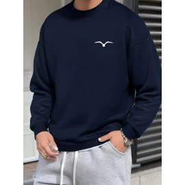 Men's Bird Logo Print Crew Neck Sweatshirt - White Bird Logo on Dark Blue, Casual Long Sleeve Pullover, Minimalist Sweater for Gym, Office & Casual Attire, Versatile Sportswear & Smart-Casual Outfit Essential, PLUS SIZE