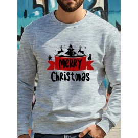 Men's Christmas Tree Print Sweatshirt - Long Sleeve Crew Neck Casual Pullover with Merry Christmas Lettering & Snowflake Design, Purple Red/Green Holiday Sweater for Spring/Autumn, Festive Winter Party Outfit, PLUS SIZE
