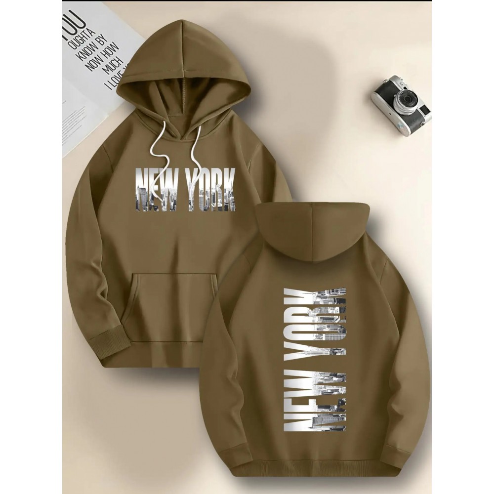 Men's New York Letter Print Hoodie & Matching Sweatsuit Set - Oversized Plus Size Winter Warmth, Distressed NYC Skyline Print Hooded Jacket & Pants, Machine Washable Casual Sportswear, Loose Fit Layered Outfit (New York Themed Apparel), PLUS SIZE