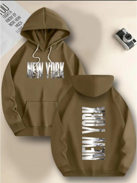Men's New York Letter Print Hoodie & Matching Sweatsuit Set - Oversized Plus Size Winter Warmth, Distressed NYC Skyline Print Hooded Jacket & Pants, Machine Washable Casual Sportswear, Loose Fit Layered Outfit (New York Themed Apparel), PLUS SIZE