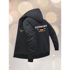 Men'S Plus Size Hooded Jacket - Navy Blue with Germany Deutschland Text, Zip-Up Front Closure, All-Season Casual Coat for Everyday & Formal Events, Lightweight Outerwear (Size Larger than Regular Fit), Versatile Layering, Modern Menswear, Durable Fabric, Stylish Coat, Urban Style, Layering Piece, Trendy Menswear, Highquality Stitching, Big And Tall Men, PLUS SIZE, Seasonal Fashion, Plus Size Men, ' Fashion Classy jacket, formal jacket men plus size talllageHeavy Jacket warmer mens