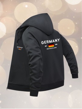 Men'S Plus Size Hooded Jacket - Navy Blue with Germany Deutschland Text, Zip-Up Front Closure, All-Season Casual Coat for Everyday & Formal Events, Lightweight Outerwear (Size Larger than Regular Fit), Versatile Layering, Modern Menswear, Durable Fabric, Stylish Coat, Urban Style, Layering Piece, Trendy Menswear, Highquality Stitching, Big And Tall Men, PLUS SIZE, Seasonal Fashion, Plus Size Men, ' Fashion Classy jacket, formal jacket men plus size talllageHeavy Jacket warmer mens