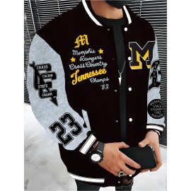 Men'S Plus Size Baseball Jacket | Los Angeles Style, Letter and Number 23 Print, Wrinkle Resistant, Casual Sports, Perfect for Parties, Autumn and Winter